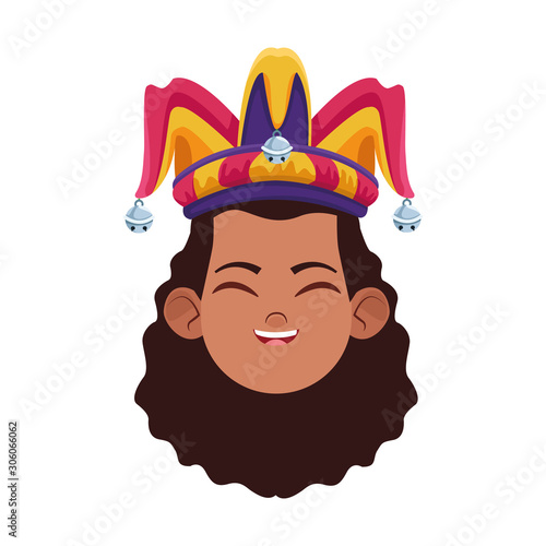 cartoon happy girl with jester hat icon, flat design