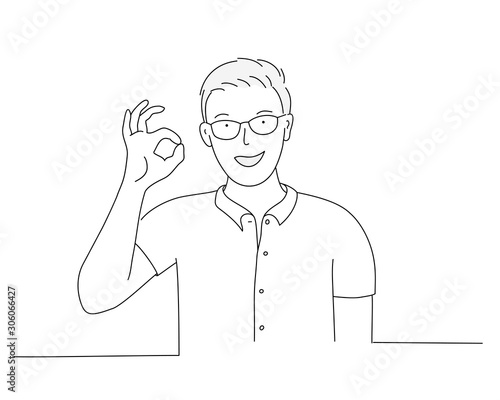 Man showing okay gesture. Line drawing vector illustration.