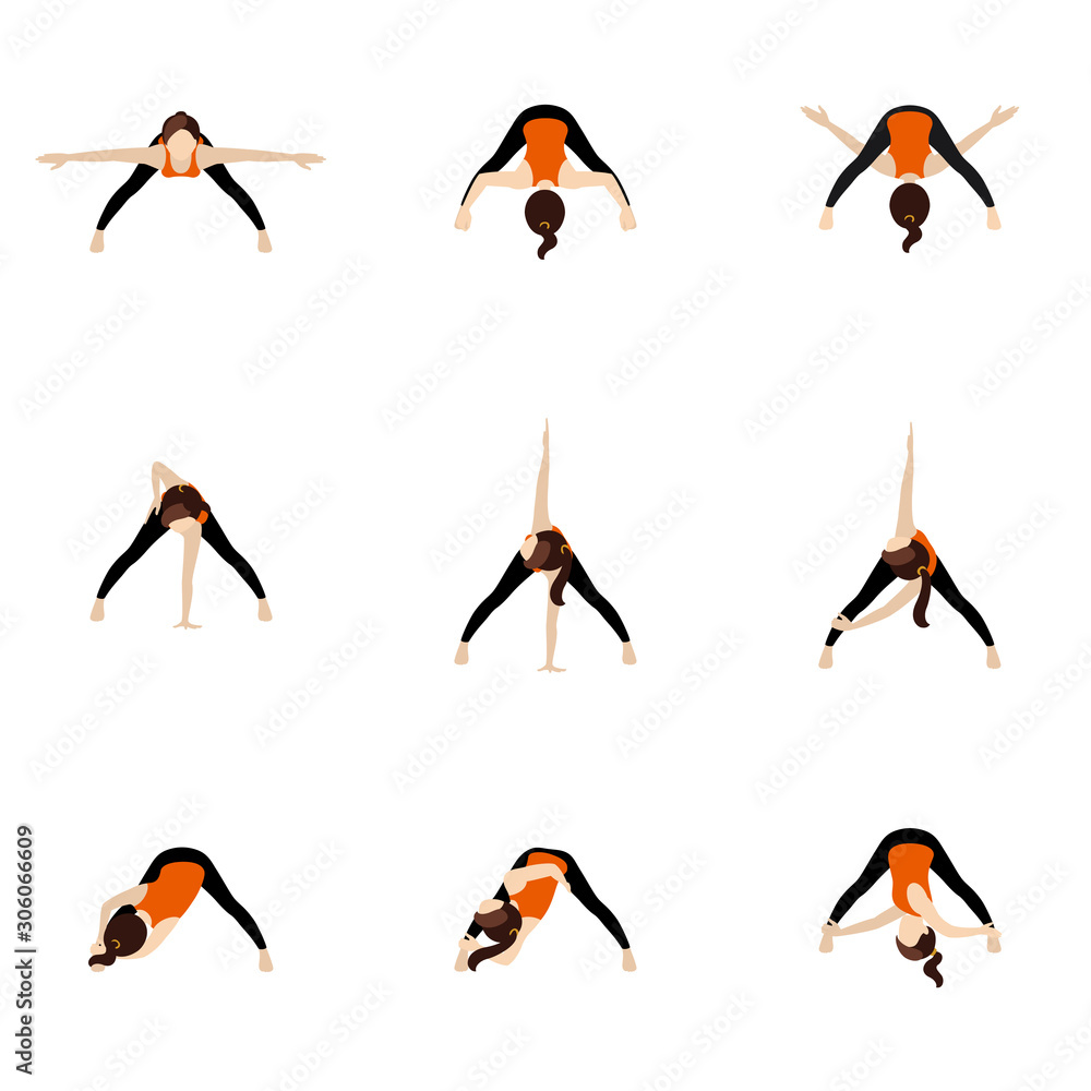 Wide legged forward bend twist variations yoga asanas set/ Woman ...