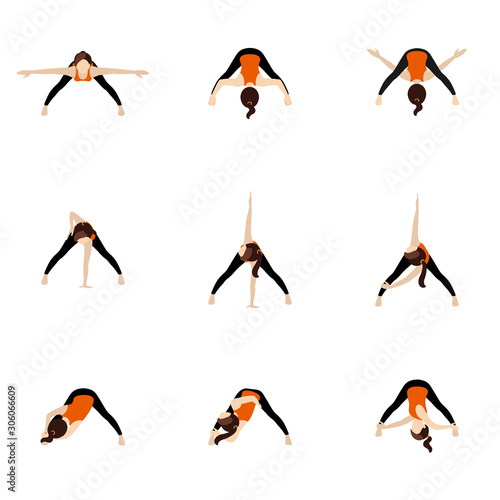 Wide legged forward bend twist variations yoga asanas set/ Woman practicing parivrtta prasarita padottanasana photo