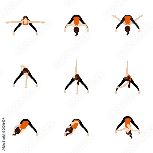 Wide legged forward bend twist variations yoga asanas set/ Woman practicing parivrtta prasarita padottanasana