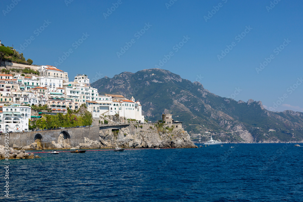 View from the sea to the town of Amalfi in Italy on the coast of the Tyrrhenian Sea