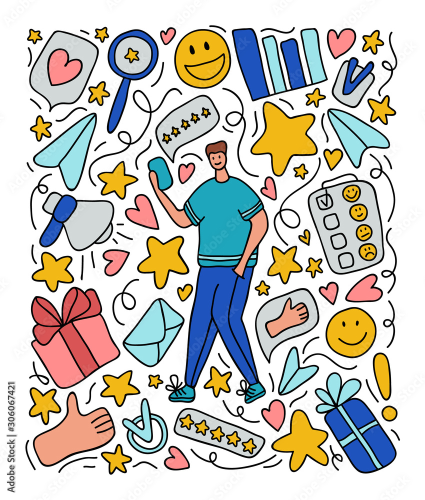 Client feedback concept, online service evaluation, customers review. Hand drawn colorful doodle modern set - man with phone, rank and rating scale stars, paper plane, gift box, hand, Vector line art