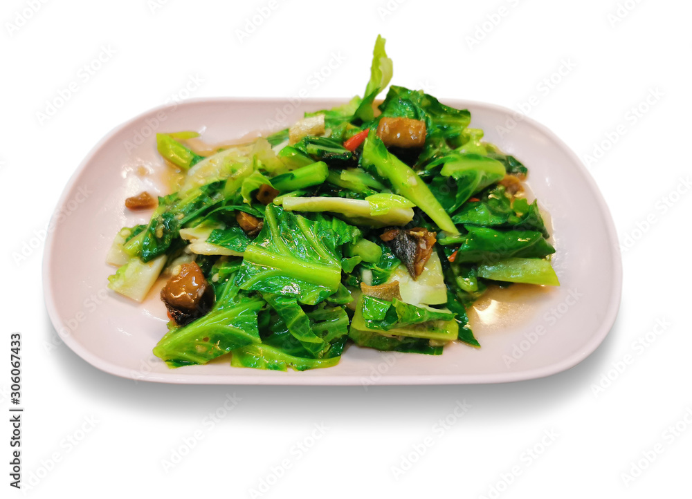 Stir fried kale with salted fish on the white background 