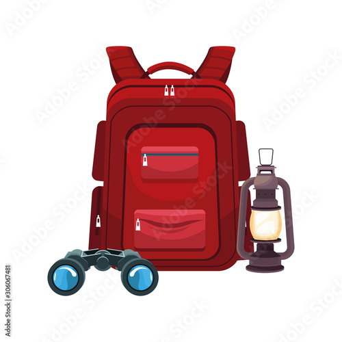 backpack with binoulars and lantern icon, flat design