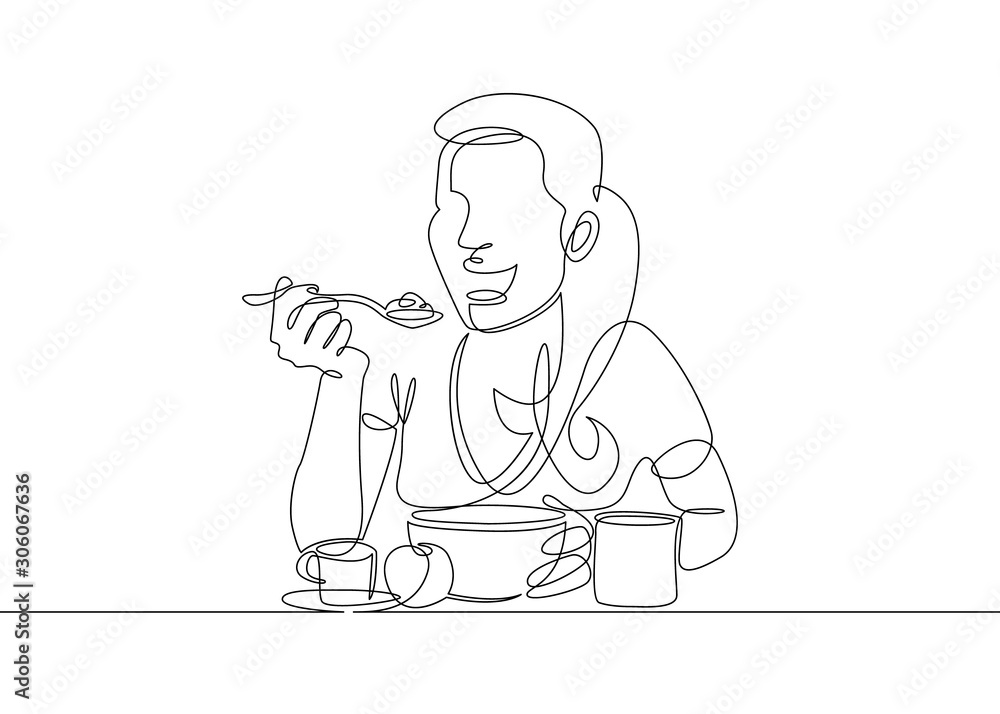 Continuous single line one morning, breakfast, meal character at the table. Coffee, fried eggs, tea, toast, juice. The girl is having breakfast at the table
