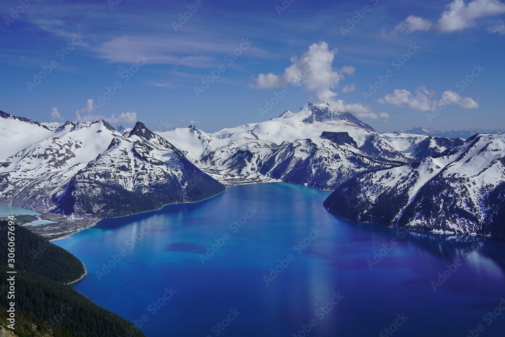 snow mountains lake landscape, turquoise coloured lake in Garibaldi provincial park, BC, Canada