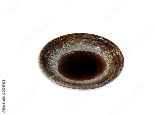 Japan soy sauce, Soyu sauce in small cup on white background 