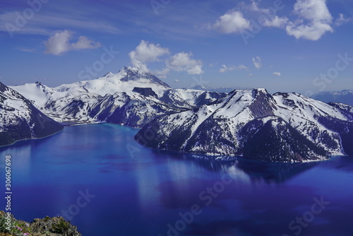 Panoramic view of mountains and turquoise coloured lake in Garibaldi provincial park, BC, Canada