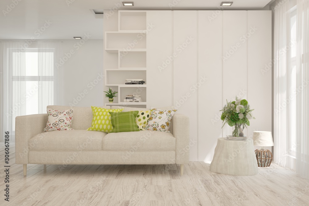 Fototapeta premium Stylish room in white color with sofa. Scandinavian interior design. 3D illustration