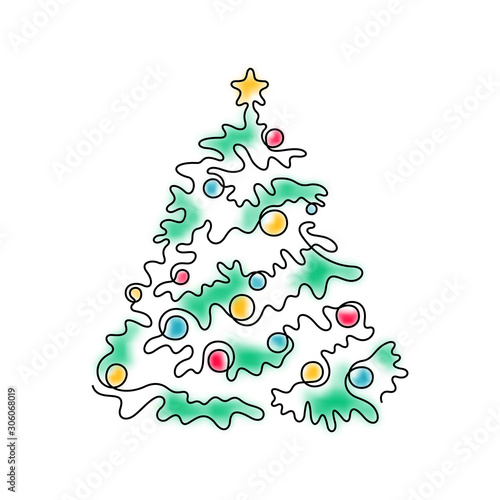 Decorated Christmas tree. Continuous line, colored vector illustration.