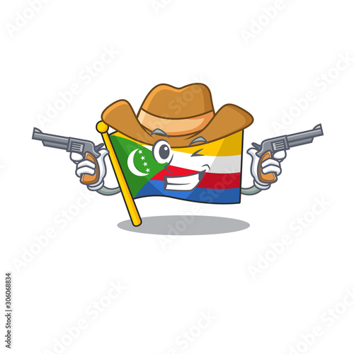 Flag comoros cartoon character as a Cowboy holding guns