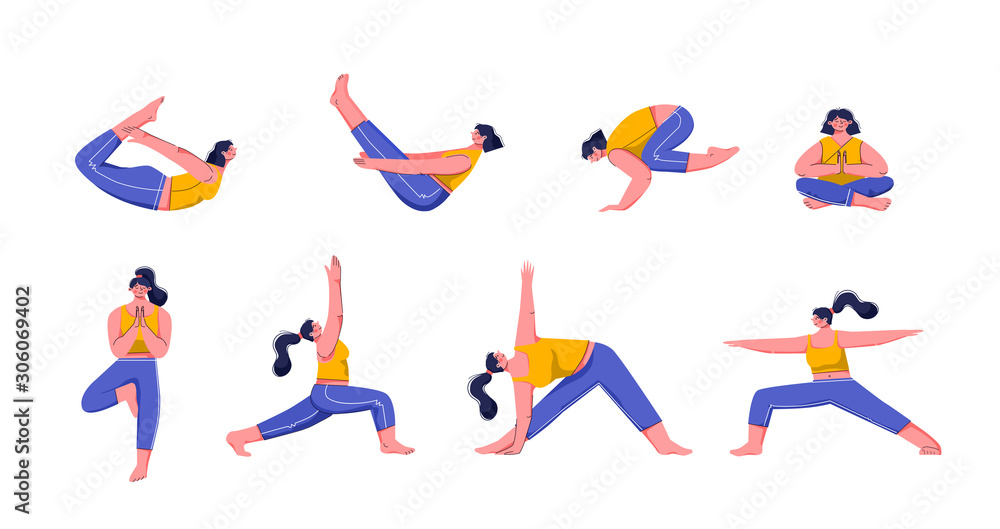 Yoga asanas. Practice in yoga poses, young people train balance, meditate and relax at yoga class vector illustration. woman characters practicing pilates isolated on white background