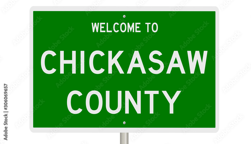 Rendering of a green 3d highway sign for Chickasaw County