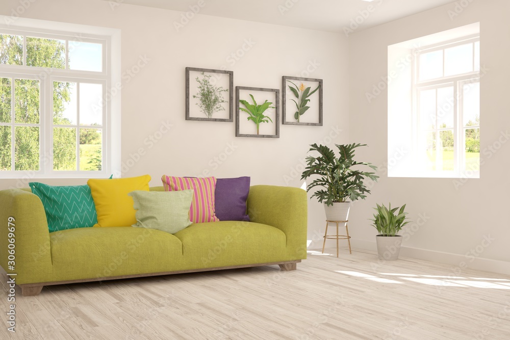 Fototapeta premium Stylish room in white color with sofa and summer landscape in window. Scandinavian interior design. 3D illustration