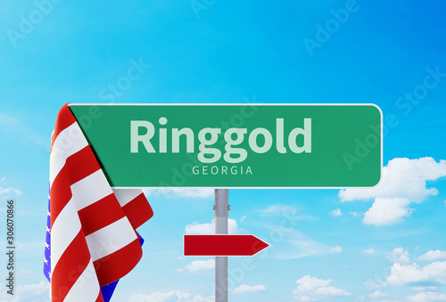 Ringgold – Georgia. Road or Town Sign. Flag of the united states. Blue Sky. Red arrow shows the direction in the city. 3d rendering photo