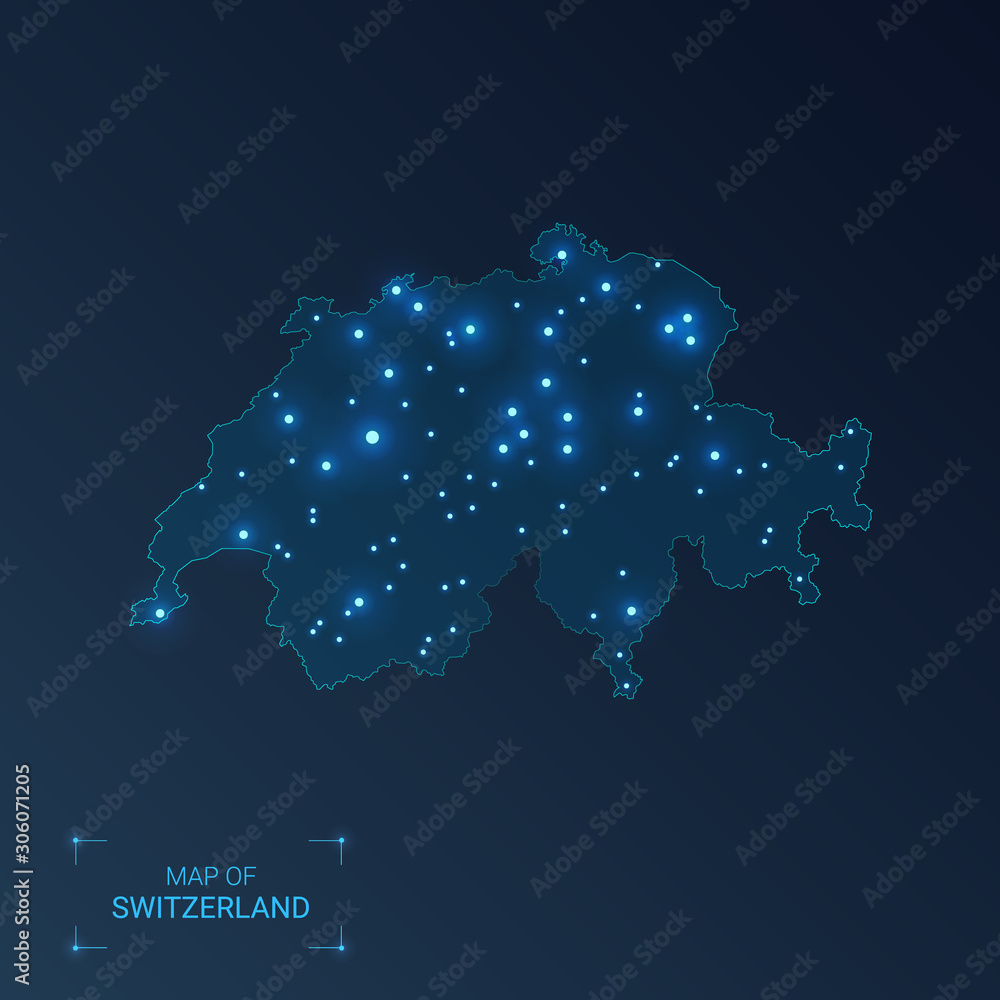 Switzerland map with cities. Luminous dots - neon lights on dark background. Vector illustration.