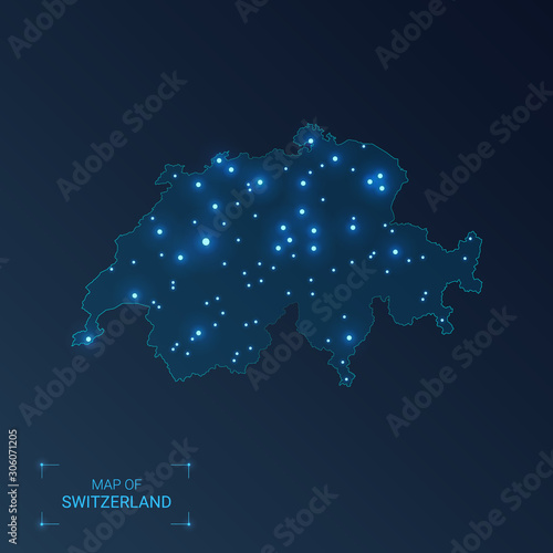 Switzerland map with cities. Luminous dots - neon lights on dark background. Vector illustration.