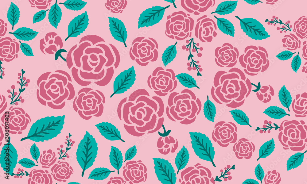 Drawing seamless rose floral pattern, isolated on bright background.