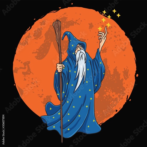 Wizard with Blue and Stars Clothes Character Design Cartoon with Moon Background Vector Illustration