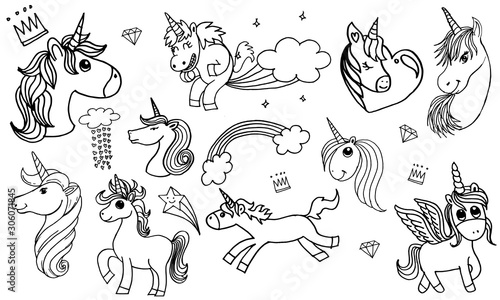 Fototapeta doodle style illustration hand drawn of unicorn set isolated on white background
