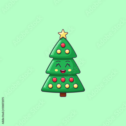 Cartoon kawaii Christmas tree with Grinning face. Cute green Christmas tree with decorations