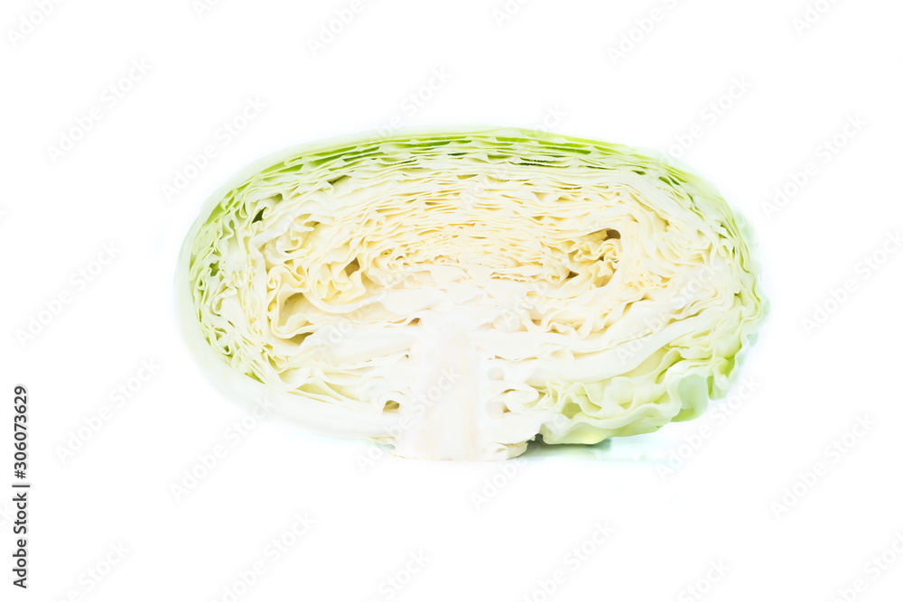 Fresh green cabbage with cut isolated on white background Fresh green cabbage with cut isolated on white background