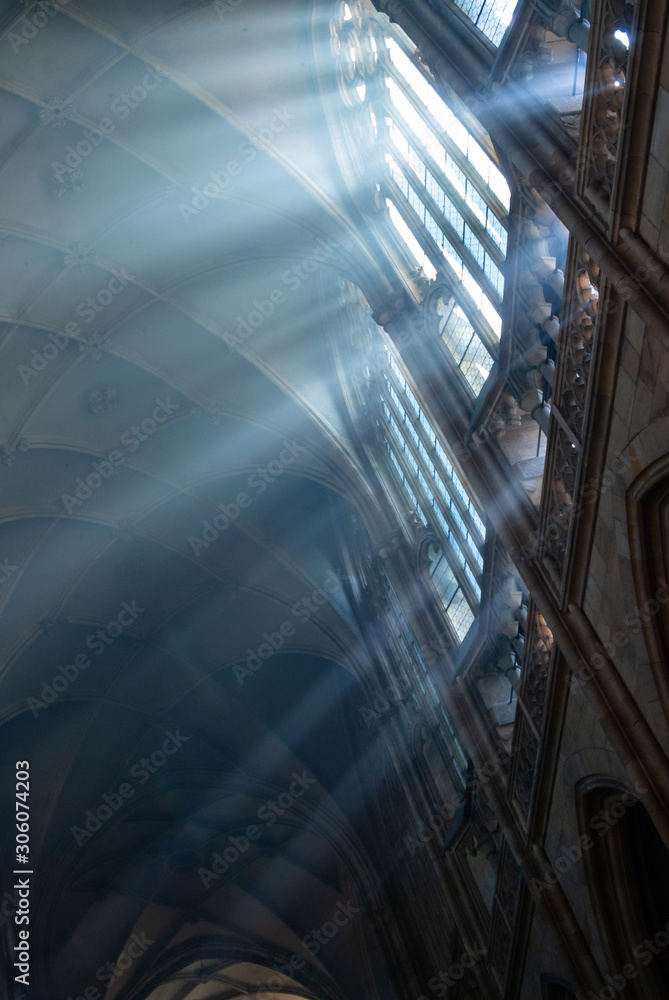 Obraz premium St Vitus Cathedral majestic morning misty interior. Angle, architecture. Prague Czech