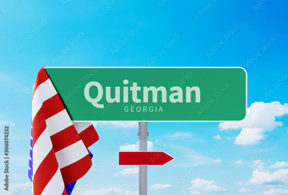 Quitman Road or Town Sign. Flag of the united states. Blue