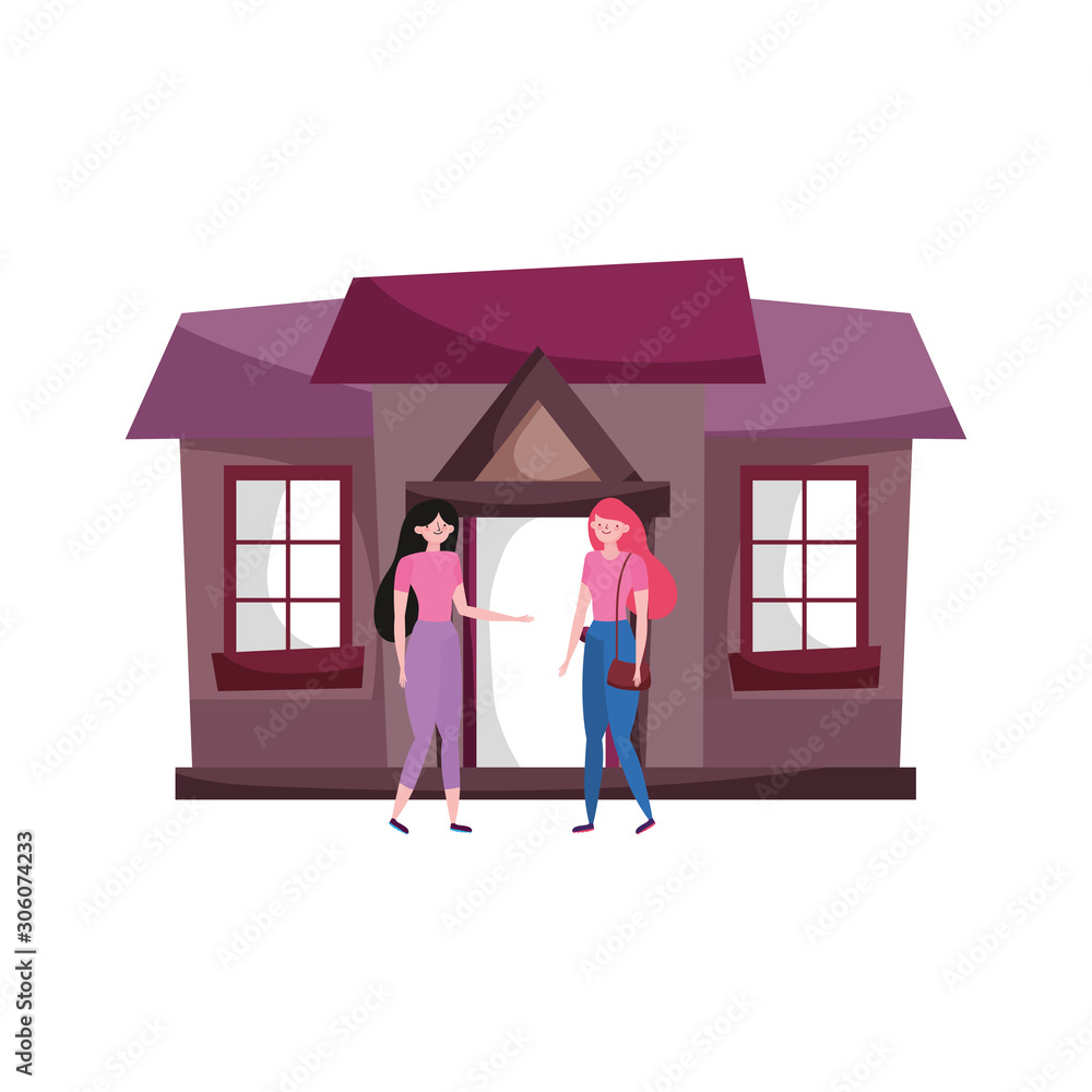 young women standing front house young women standing front house