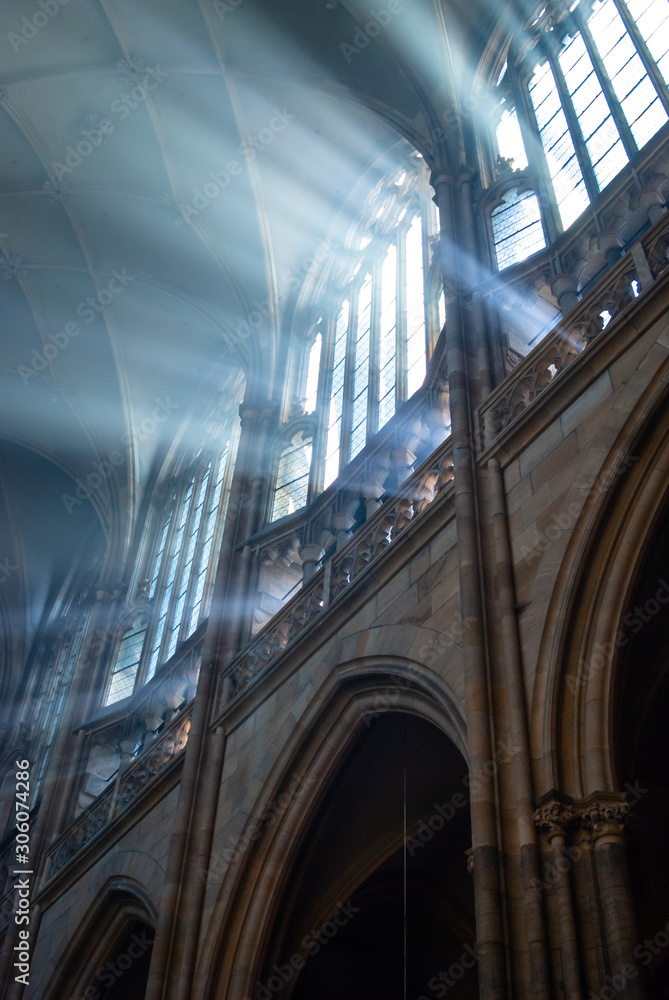 St Vitus Cathedral majestic morning misty interior. Angle, architecture. Prague Czech