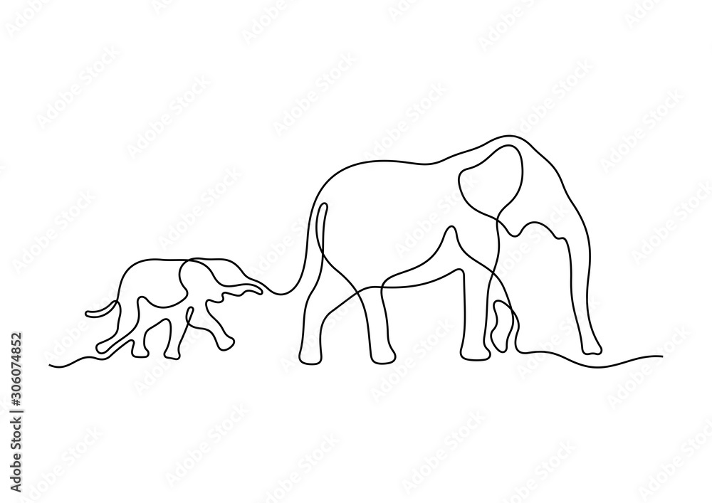 Mom and baby elephant. Continuous line vector illustration. Stock