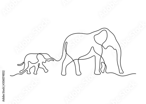 Fotografija Mom and baby elephant. Continuous line vector illustration.
