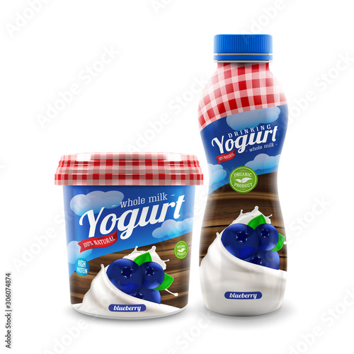 Whole milk organic yogurt or cream bottle and pot vector packaging design with blueberry berries, commercial vector meal advertising branding ready mock-up realistic illustration