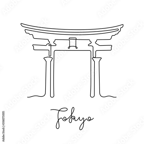 Torii Gate, Tokyo, Japan. Continuous line vector illustration.