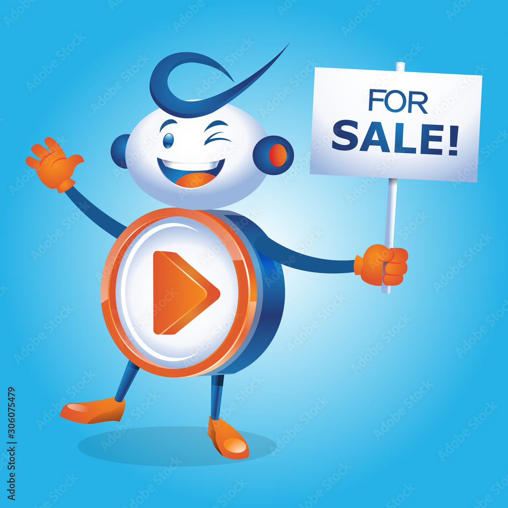 Play Button Robot Character Holding A Sale Sign