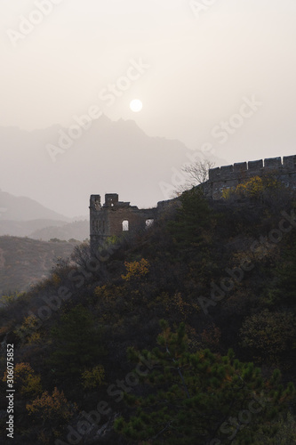 Scenic panoramic view of the Great Wall Jinshanling portion close to Beijing, on a sunny day of autumn, in China