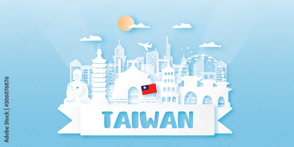 Travel Taiwan postcard, poster, tour advertising of world famous landmarks in paper cut style. Vectors illustrations