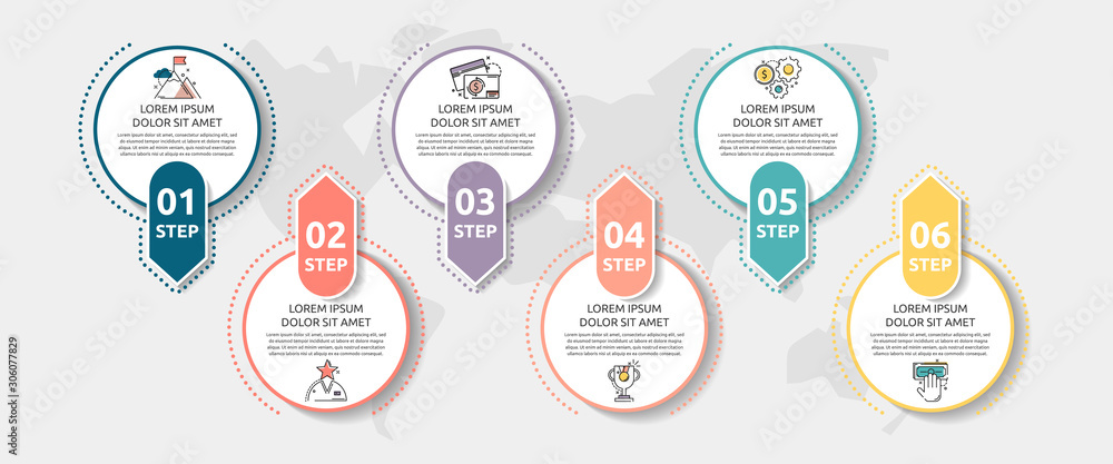 Vector flat template circle infographics. Business concept with 6 ...