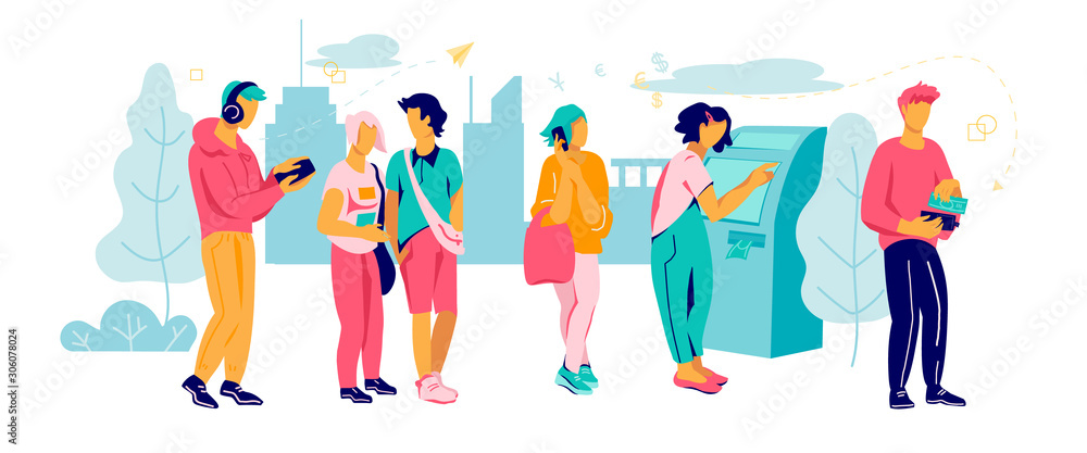 People in line to bank cashpoint - taking or exchanging money from ATM terminal. Cash and currency transaction and payments through cashpoint automate, online commerce. Flat vector illustration. People in line to bank cashpoint - taking or exchanging money from ATM terminal. Cash and currency transaction and payments through cashpoint automate, online commerce. Flat vector illustration.