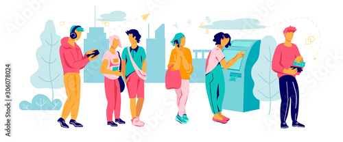 People in line to bank cashpoint - taking or exchanging money from ATM terminal. Cash and currency transaction and payments through cashpoint automate, online commerce. Flat vector illustration.