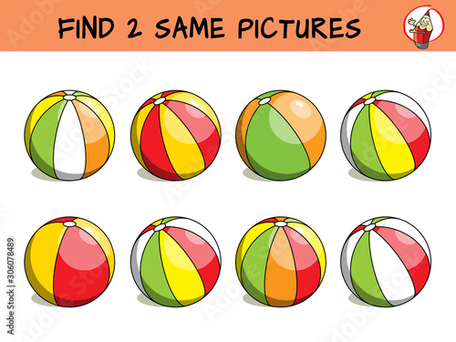 Colorful beach balls. Find two same pictures. Educational game for children. Cartoon vector illustration