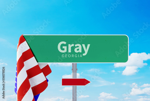 Gray – Georgia. Road or Town Sign. Flag of the united states. Blue Sky. Red arrow shows the direction in the city. 3d rendering © MQ-Illustrations