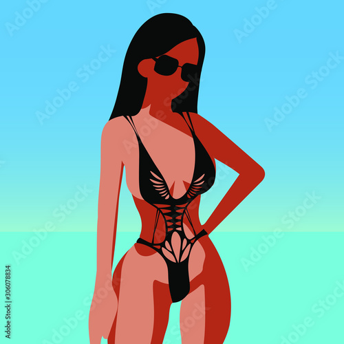 Beautiful Woman in Bikini on Beach, Sexy Woman Wear Sunglasses, Model Flat Illustration