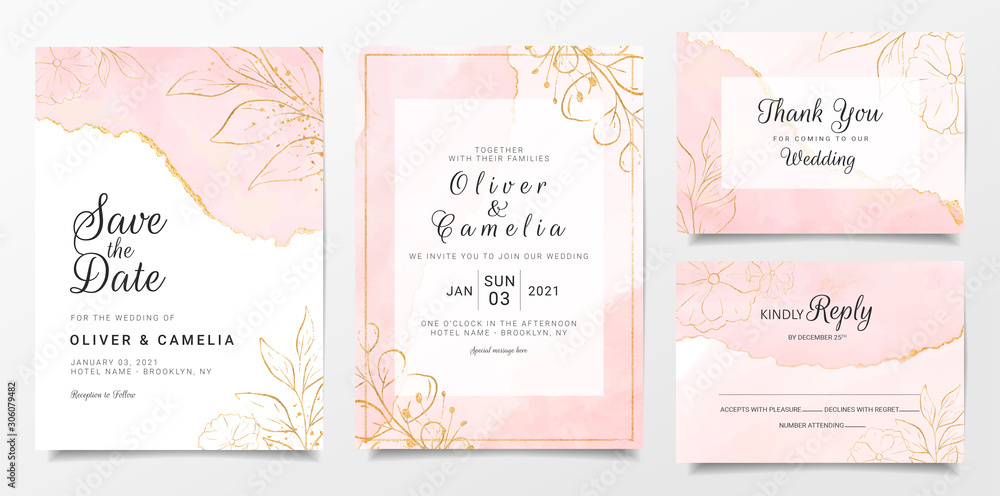 Rose gold watercolor wedding invitation card template set with golden floral decoration. Abstract background save the date, invitation, greeting card, multi-purpose vector