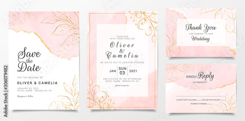 Rose gold watercolor wedding invitation card template set with golden floral decoration. Abstract background save the date, invitation, greeting card, multi-purpose vector