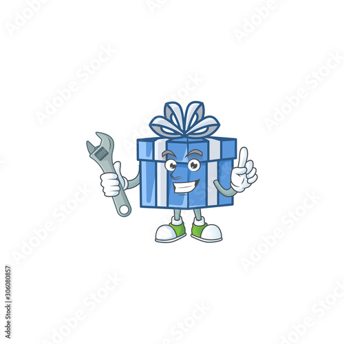 Professional Mechanic blue gift box mascot cartoon character style