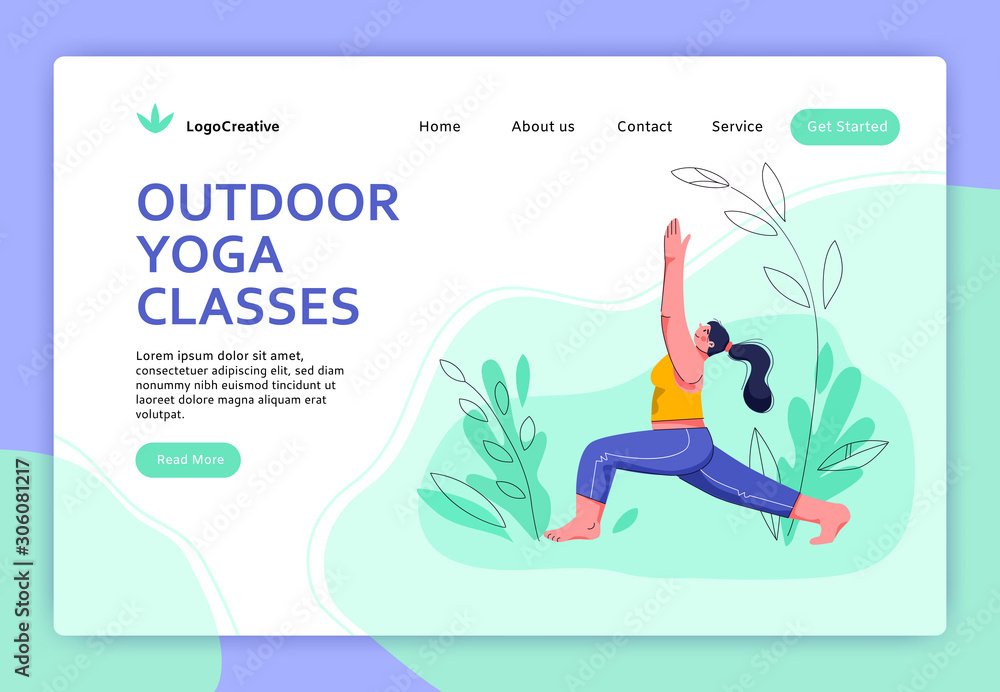 Web landing page template of Yoga Classes. Modern flat design concept of web page design for website and mobile website. Woman does yoga exercise, yoga pose. Vector