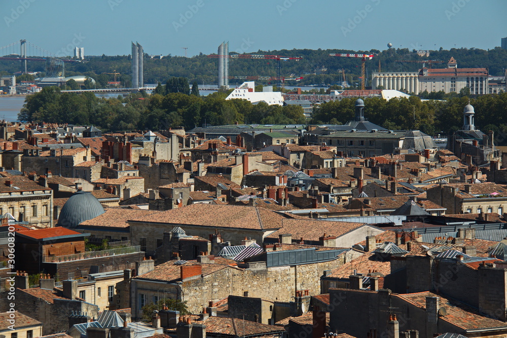 Fototapeta premium View from the tower Pey-Berland of the Cathedral Saint-Andre on the historical centre of Bordeaux and Pont Jacques Chaban-Delmas,France