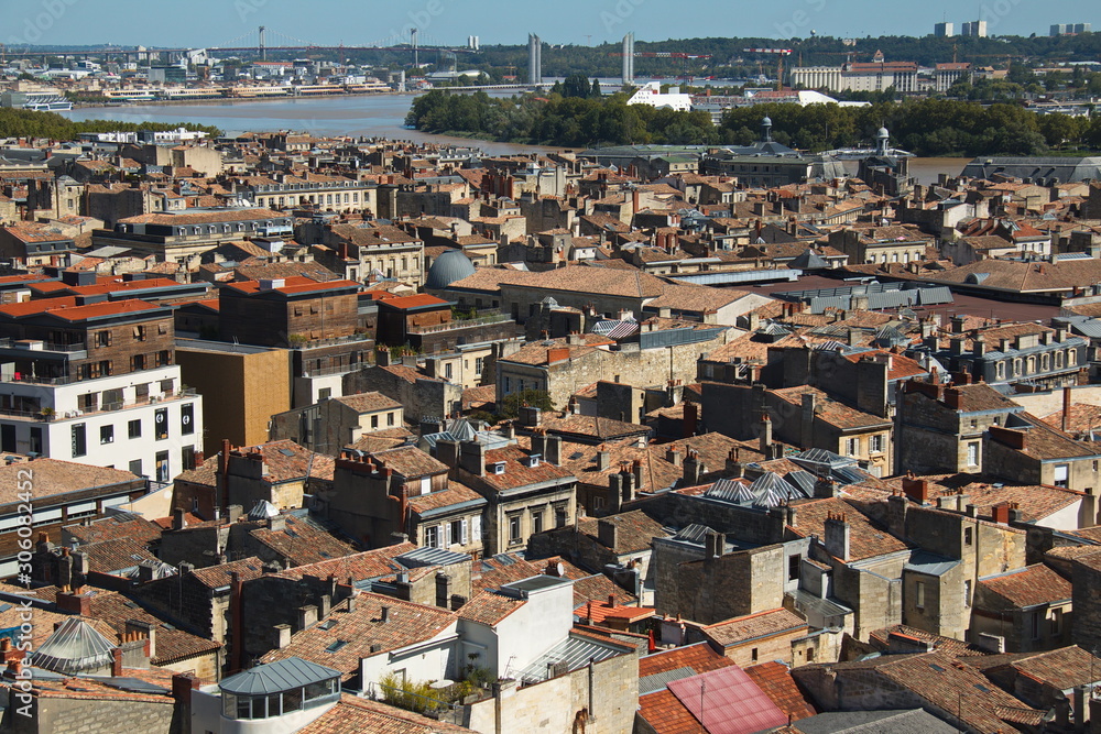 View from the tower Pey-Berland of the Cathedral Saint-Andre on the historical centre of Bordeaux and Pont Jacques Chaban-Delmas,France